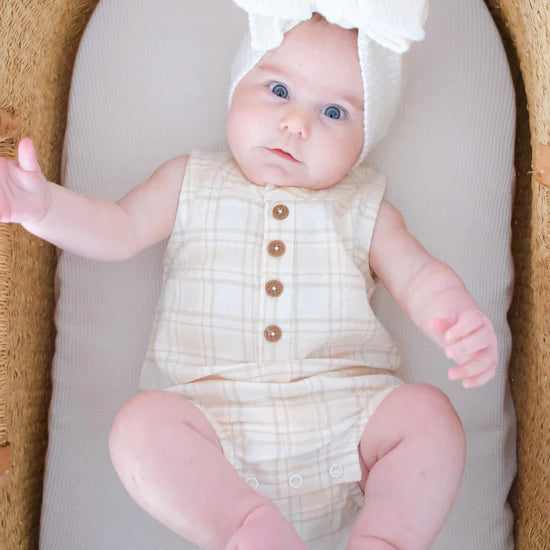 Aster & Oak Beige Plaid Bubble Romper - Beige