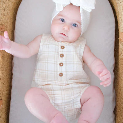 Aster & Oak Beige Plaid Bubble Romper - Beige