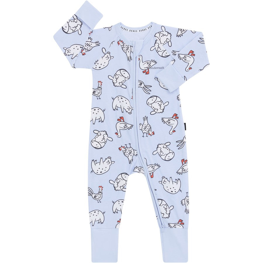 Bonds Zip Wondersuit - Farm Animal Print Blue