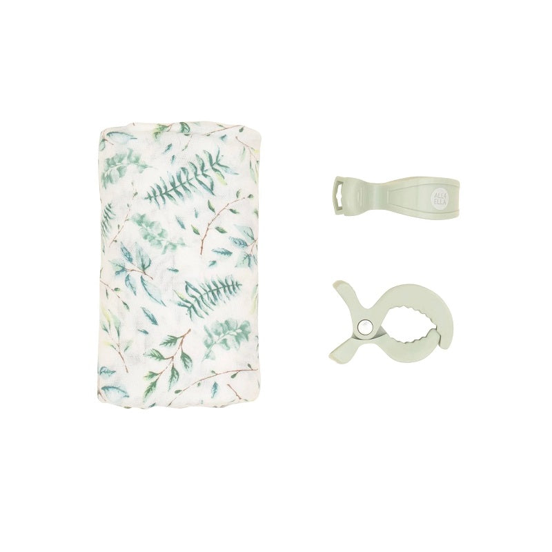 All 4 Ella Bamboo Swaddle & 2 Pram Peg Box Set - Leaves