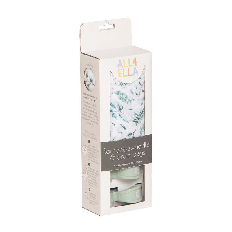 All 4 Ella Bamboo Swaddle & 2 Pram Peg Box Set - Leaves