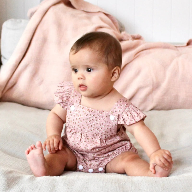 Dukes The Brand Bloom Ruffle Overalls - Dusty Pink With Floral Print