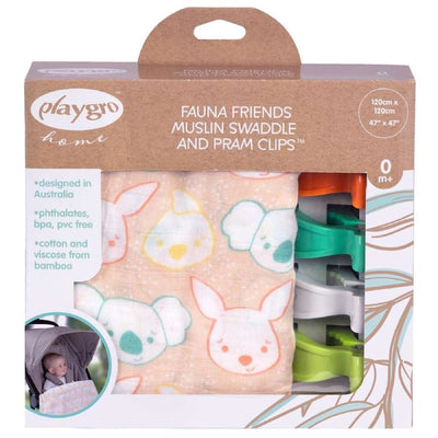 Playgro Fauna Friends Muslin Swaddle and Pram Clips