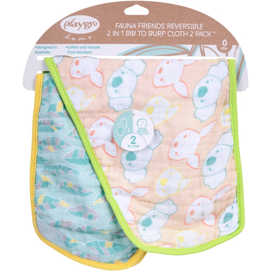Playgro Fauna Friends Reversible 2 in 1 Bib to Burp Cloth 2 Pack