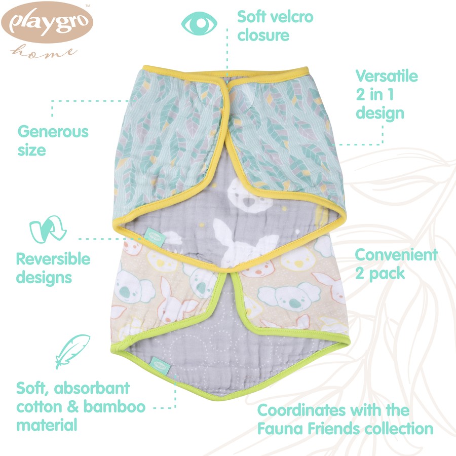 Playgro Fauna Friends Reversible 2 in 1 Bib to Burp Cloth 2 Pack