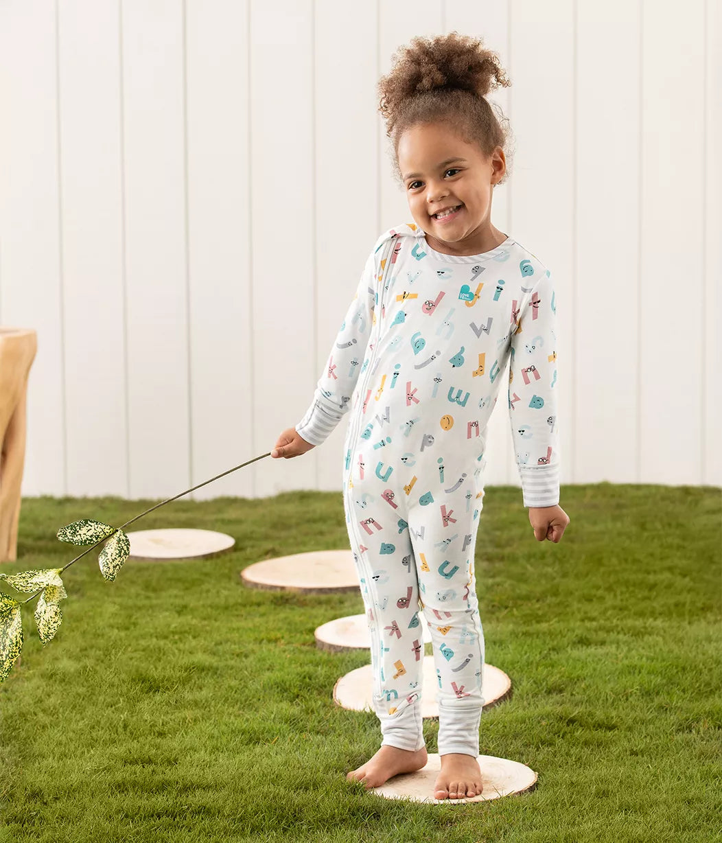 Love To Dream Footless Side Zip Romper Ecovero - Alphabet Soup White