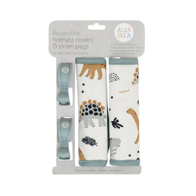 All 4 Ella Universal Harness Covers & Pram Pegs - Beige Dinosaurs