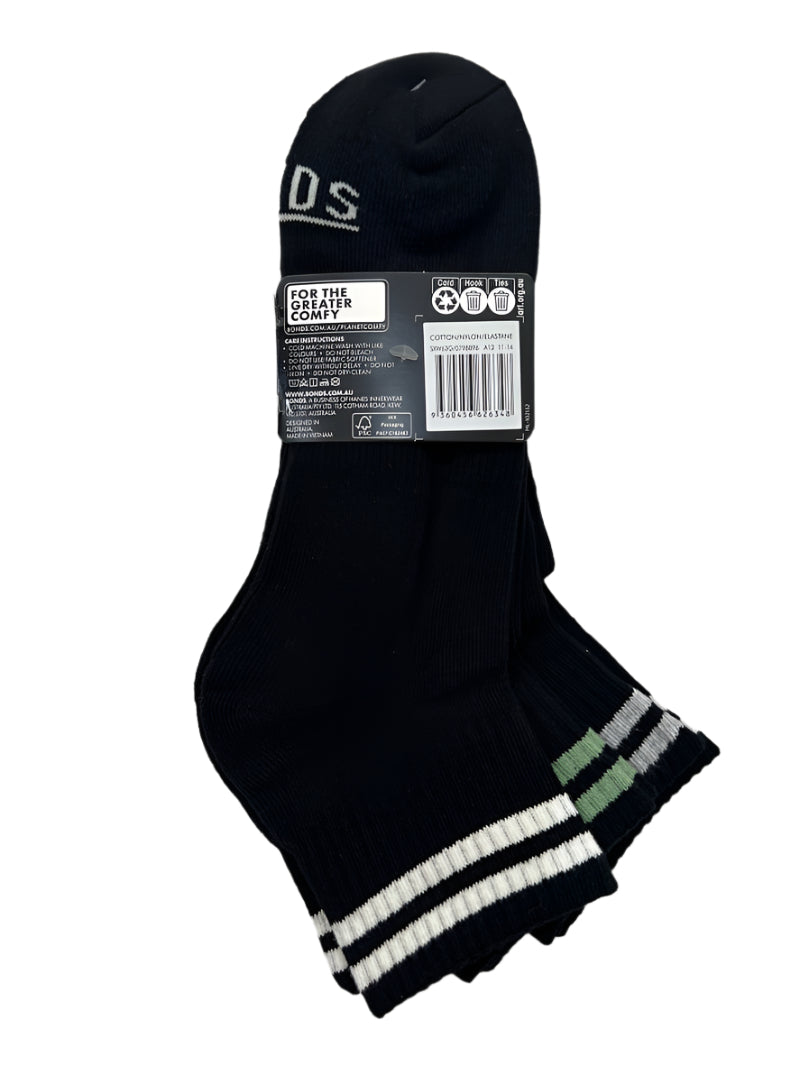Bonds Mens Street Quarter Crew Socks 3 Pack - Black Pack