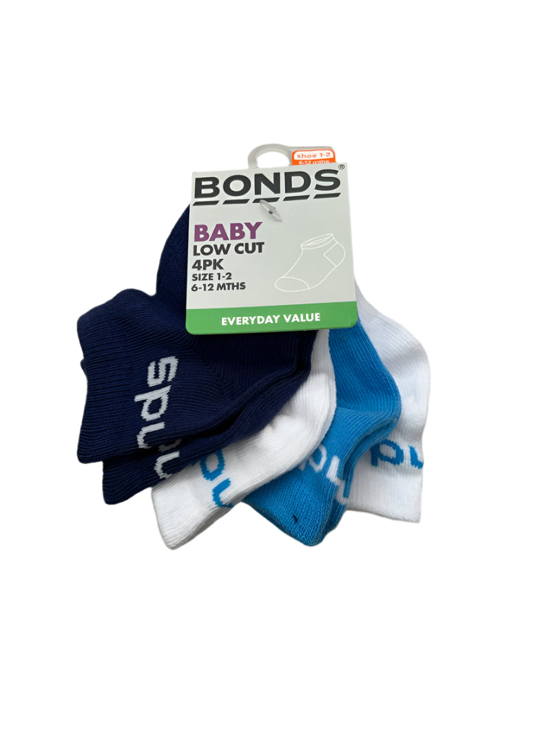 Bonds Baby Low Cut 4 Pack Socks - Blue/White