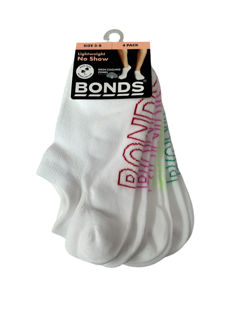 Bonds Women's Logo Light No Show Socks 4 Pack - Red/Pink/Lime/Green