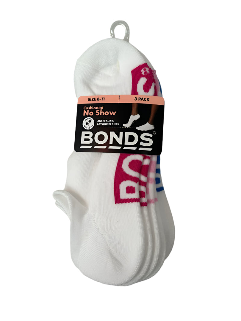 Bonds Womens Cushioned No Show Socks 3 Pack - White/Pink/Blue