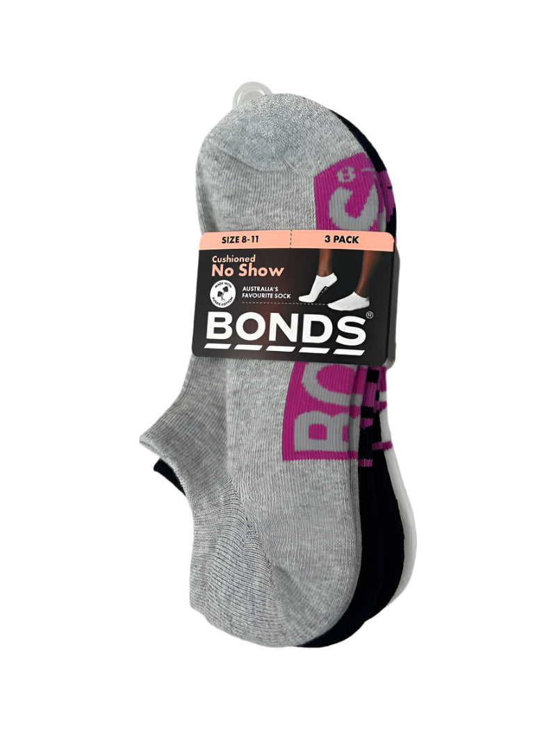 Bonds Womens Cushioned No Show Socks 3 Pack - Grey/Black/White