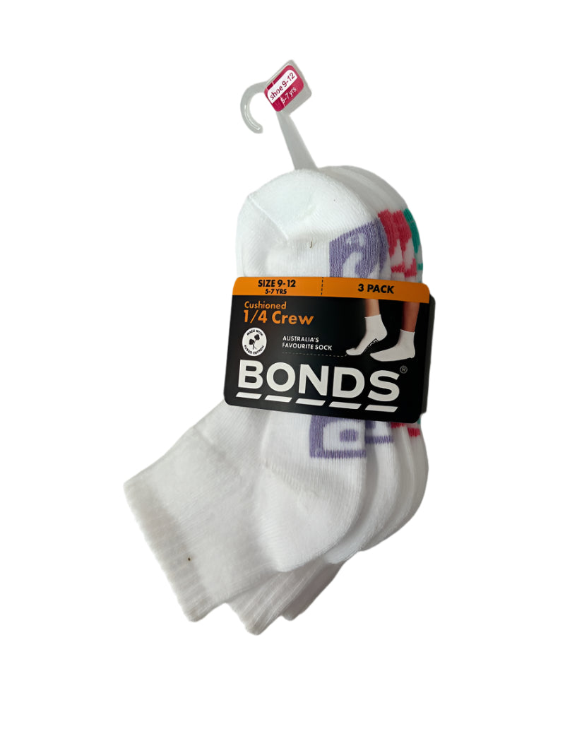 Bonds Kids Cushioned Quarter Crew Socks 3 Pack - White/Lilac/Pink/Green