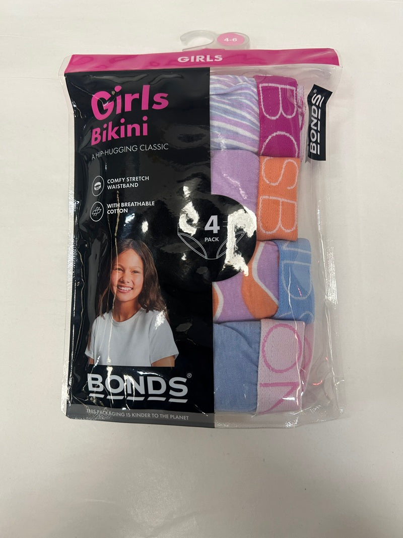 Bonds Girl's Bikini 4 Pack - Lilac/Pink/Pale Blue Multi