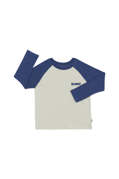 Bonds Kids Next Gen Long Sleeve Raglan Tee - Bastille Blue and Stone Throw