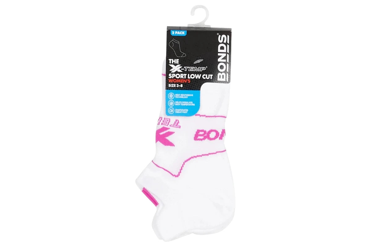Bonds Womens Sport X-Temp Low Cut Socks 2 Pack - White/Pink/Green