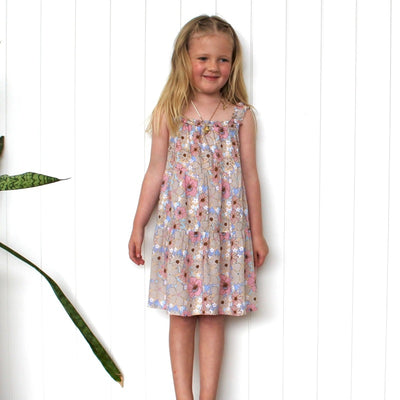 Dukes The Brand Lenny Tiered Ruffle Dress - Pink Blue Floral Print