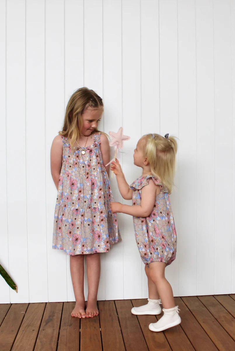 Dukes The Brand Lenny Tiered Ruffle Dress - Pink Blue Floral Print