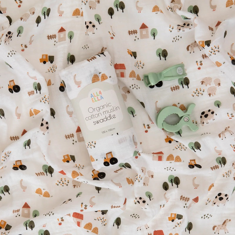 All 4 Ella Organic Muslin Swaddle & 2 Pram Pegs - Country Farm