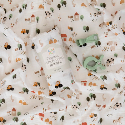 All 4 Ella Organic Muslin Swaddle & 2 Pram Pegs - Country Farm