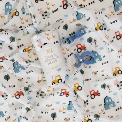 All 4 Ella Organic Muslin Swaddle & 2 Pram Pegs - Barnyard