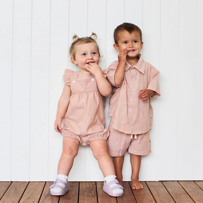 Dukes The Brand Mocha Stripe Ruffle Overalls