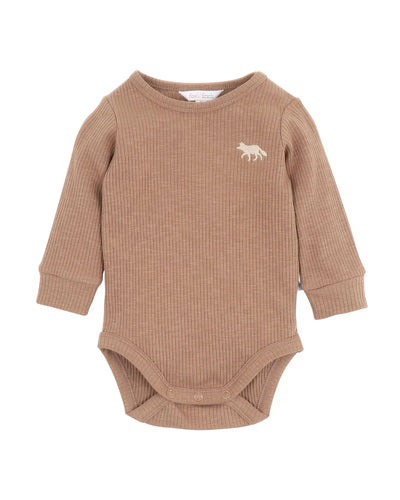 Fox & Finch Cool Dogs Embroidered Long Sleeve Ribbed Bodysuit - Brown