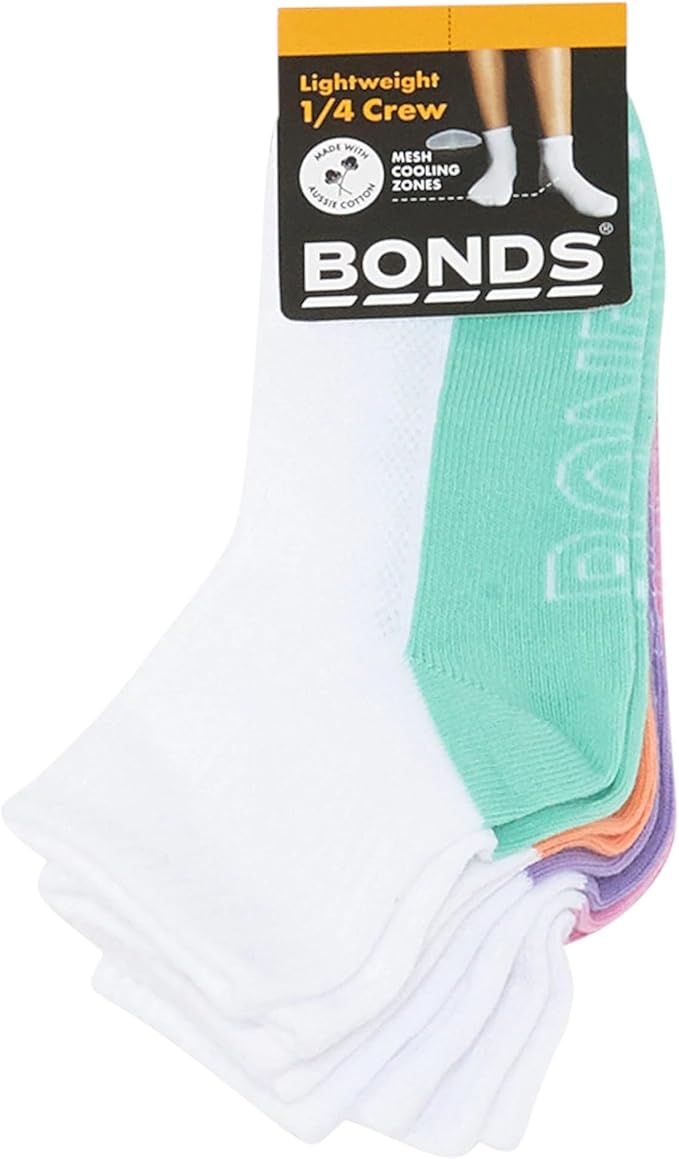 Bonds Kids Lightweight Quarter Crew 4 Pack - Green/Orange/Lilac/Pink