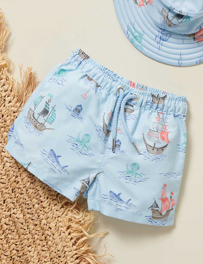 Purebaby Printed Board Shorts - Pirate Ship Print