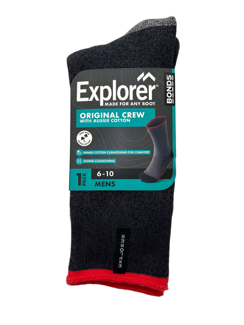 Bonds Explorer Mens Aussie Cotton Original Crew - Charcoal/Red