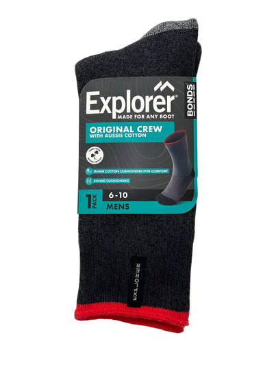Bonds Explorer Mens Aussie Cotton Original Crew - Charcoal/Red