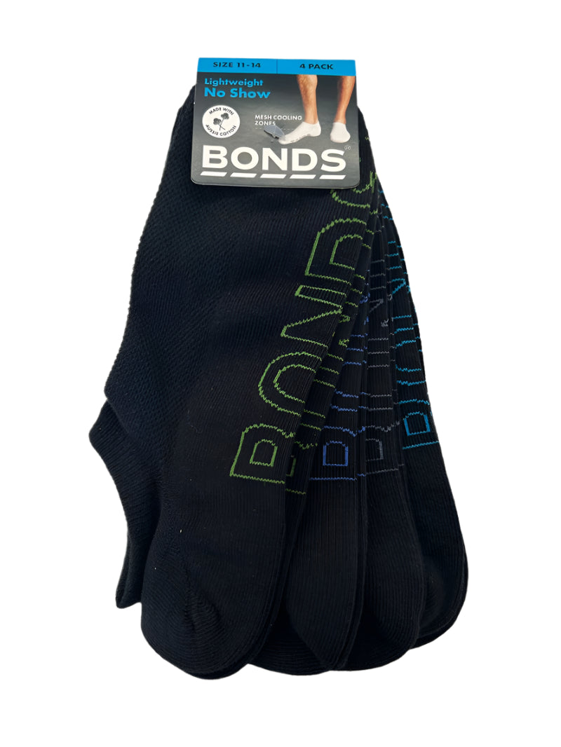 Bonds Men's Logo Lightweight No Show Socks 4 Pack - Black With Lime/Blue/Grey/Blue