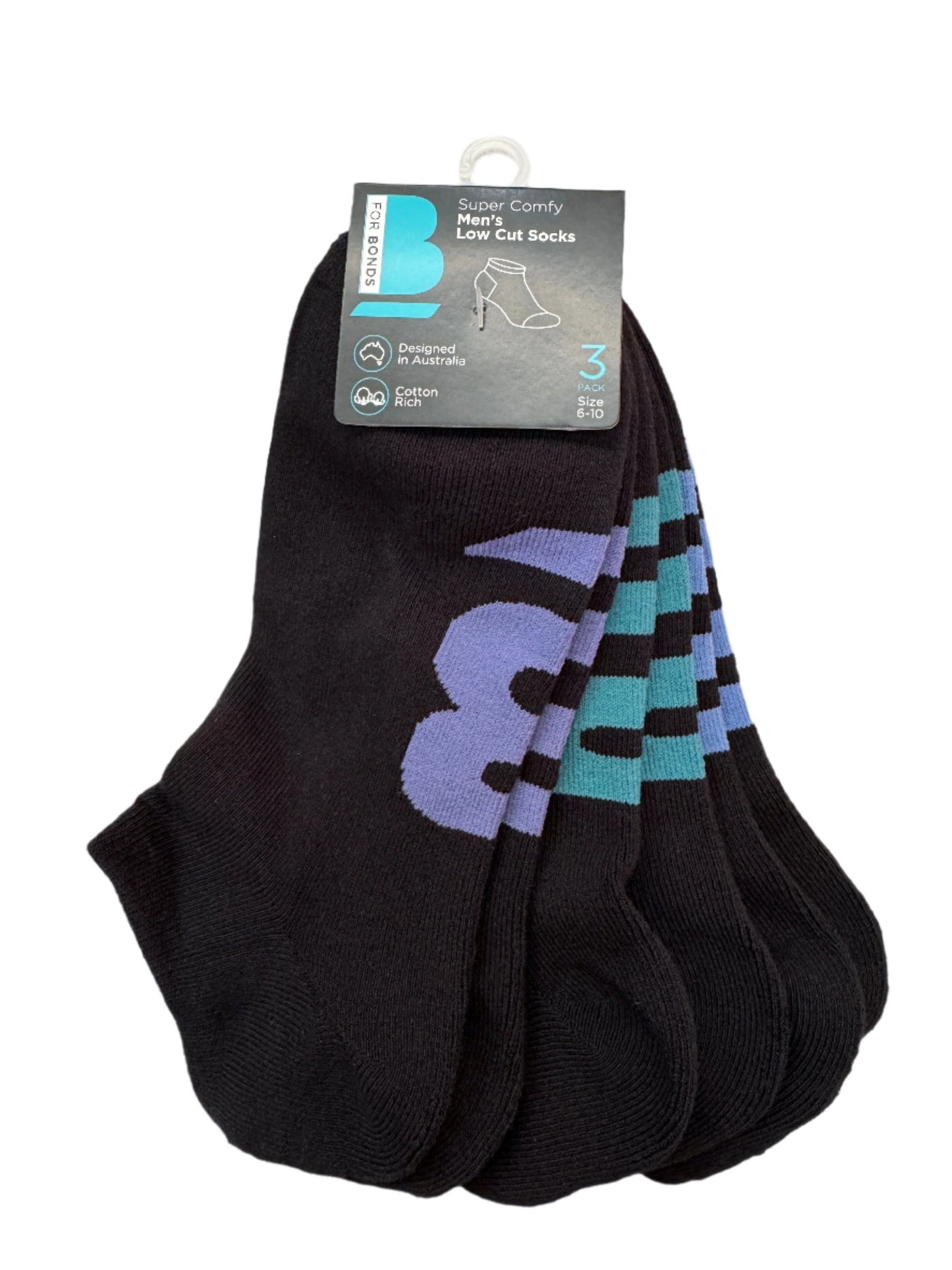 Bonds Mens Low Cut Socks 3 Pack - Black/Purple/Green/Blue