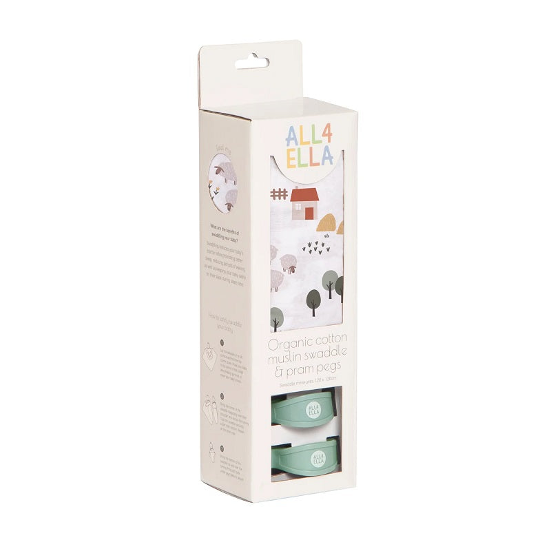 All 4 Ella Organic Muslin Swaddle & 2 Pram Pegs - Country Farm