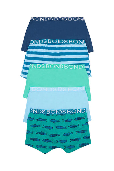 Bonds Boys Trunk 5 Pack - Pale Blue/Fish Print/Navy/Teal Stripe