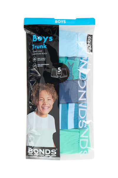 Bonds Boys Trunk 5 Pack - Pale Blue/Fish Print/Navy/Teal Stripe