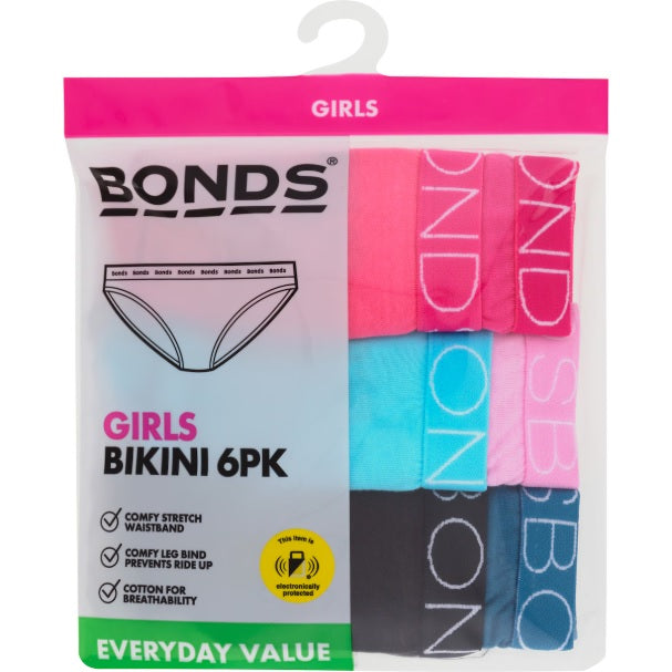 Bonds Girls Bikini 6 Pack - Pink/Blue/Black/Teal