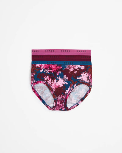 Bonds Womens Cottontails Full Briefs 3 Pack - Blossom Bliss/Chilli Choc/Deep Wisteria