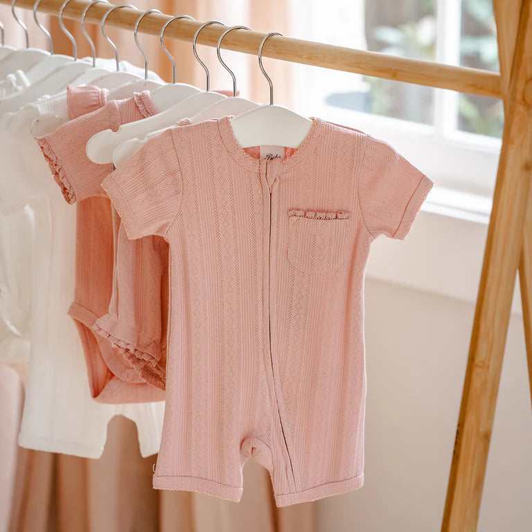 Bebe By Minihaha White Label Dusky Pink Organic Pointelle Short Sleeve Romper