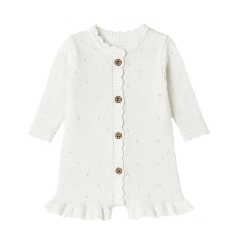 Aster & Oak White Knit Ruffle Romper - White