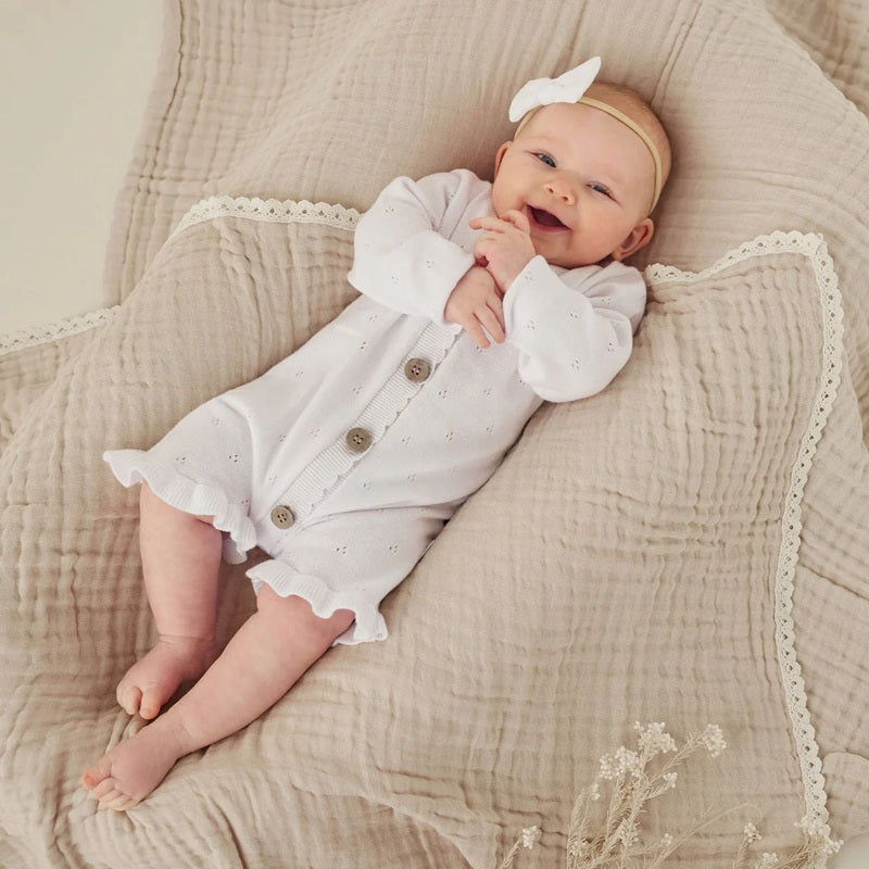 Aster & Oak White Knit Ruffle Romper - White