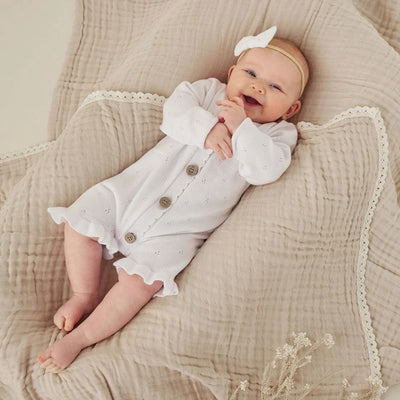 Aster & Oak White Knit Ruffle Romper - White