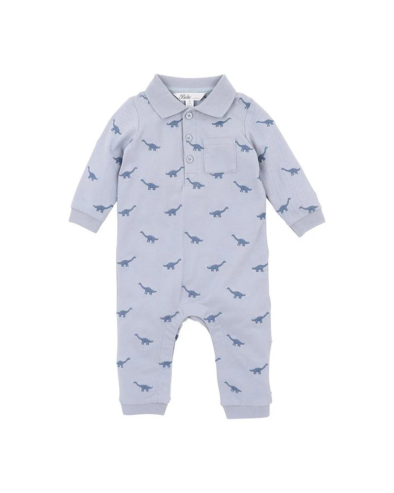Bebe By Minihaha Isaac Embroidered Dino Long Sleeve Romper