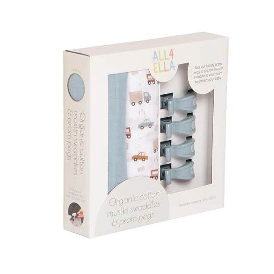 All 4 Ella 2 Pack Organic Muslin Swaddles & 4 Peg Gift Set - Trucks - Outlet Shop For Kids