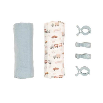 All 4 Ella 2 Pack Organic Muslin Swaddles & 4 Peg Gift Set - Trucks - Outlet Shop For Kids