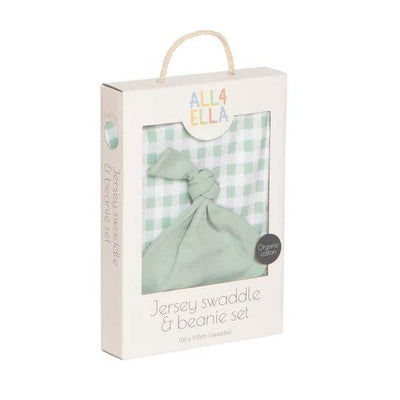 All 4 Ella Jersey Swaddle & Beanie Set - Gingham Sage - Outlet Shop For Kids