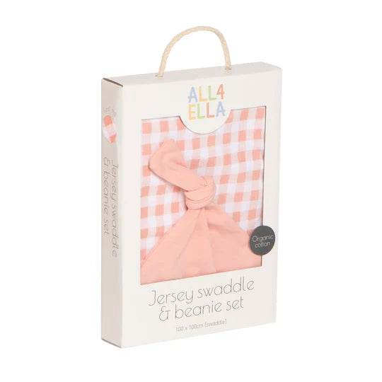 All 4 Ella Jersey Swaddle & Beanie Set - Gingham Strawberry - Outlet Shop For Kids