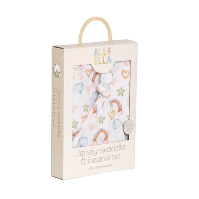 All 4 Ella Organic Jersey Swaddle & Matching Beanie Set - Rainbow Dreams - Outlet Shop For Kids