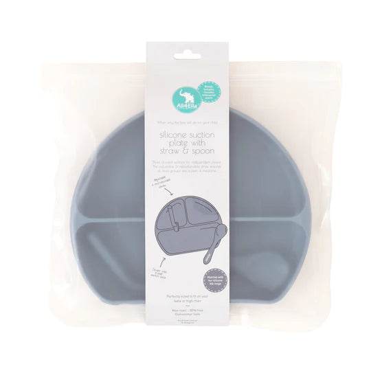 All 4 Ella Silicone Plate with Straw & Spoon - Slate Blue - Outlet Shop For Kids