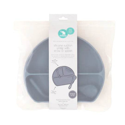 All 4 Ella Silicone Plate with Straw & Spoon - Slate Blue - Outlet Shop For Kids